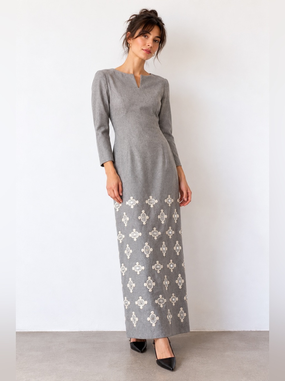 Vintage Couture M. Labalette Grey Embroidered Maxi Dress